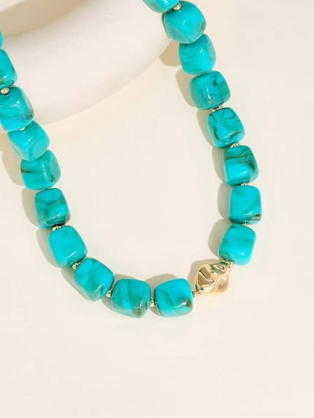 Statement Turquoise Color Marbled Bead Necklace with Gold Accent - Picture 5 of 5